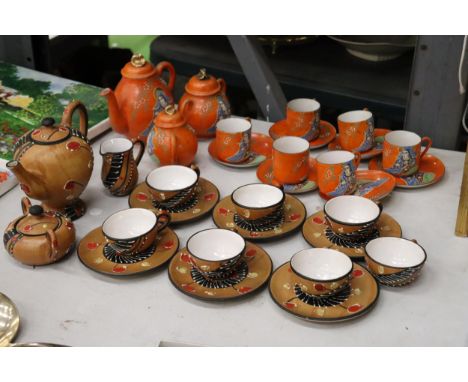 TWO ORIENTAL STYLE TEASETS TO INCLUDE TEAPOTS, CREAM JUGS, SUGAR BOWLS, CUPS AND SAUCERS 