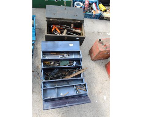 TWO TOOL BOXES WITH AN ASSORTMENT OF TOOLS TO INCLUDE BRACE DRILLS AND SPANNERS ETC 