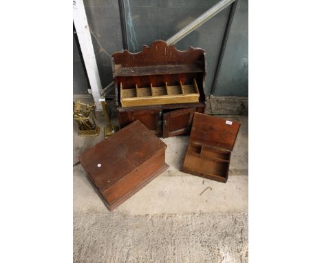 AN ASSORTMENT OF ITEMS TO INCLUDE A WOODEN WALL SHELF WITH LOWER CUPBOARD, A WOODEN TOOL CHEST AND A FURTHER WOODEN BOX ETC 