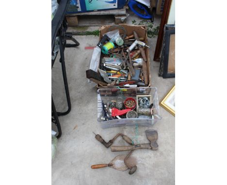 AN ASSORTMENT OF TOOLS TO INCLUDE SNIPS, FILES AND AN AXE ETC 