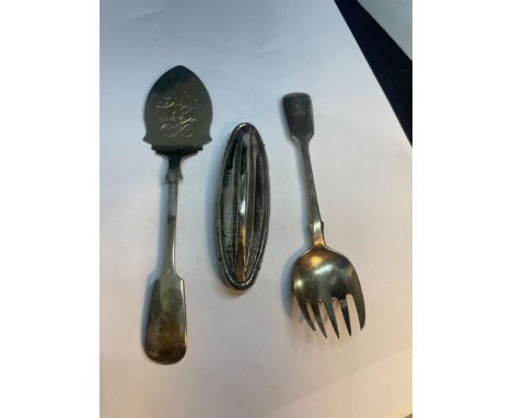 A HALLMARKED SILVER NAIL BUFFER AND A SILVER PLATED SERVER AND FORK 