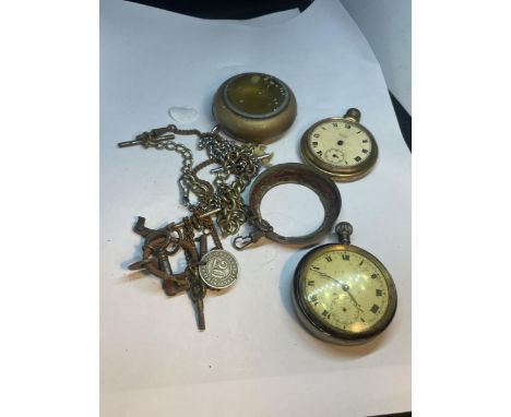 A SILVER POCKET WATCH AND VARIOUS PARTS TO INCLUDE KEYS AND CHAINS 