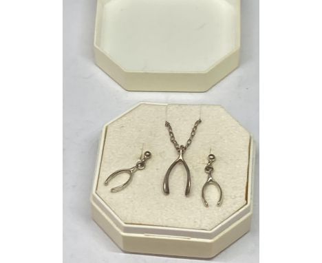 A SILVER WISHBONE NECKLACE AND EARRINGS 