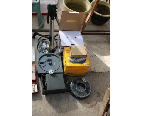 AN ASSORTMENT OF ITEMS TO INCLUDE A REFLECTA MB300, A KODAK CAROUSEL AND A CAMERA TRIPOD ETC 