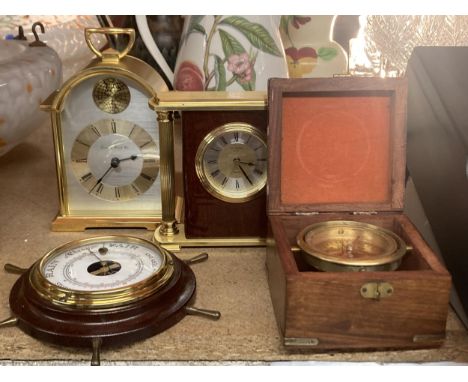 A MIXED LOT TO INCLUDE TWO CLOCKS A VINTAGE SHORTLANDS SHIP WHEEL BAROMETER PLUS BOXED COMPASS 