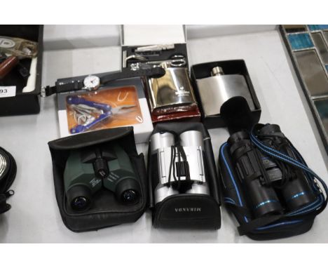 THREE PAIRS OF BINOCULARS TO INCLUDE MIRANDA AND PRAKTICA, HIP FLASKS, A MULTI-TOOL AND A MANICURE SET 