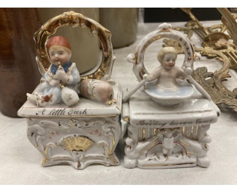 TWO VINTAGE GERMAN FAIRINGS TRINKET BOXES, TO INCLUDE 'A LITTLE TURK' - RESTORED AND 'PADDLING HIS OWN CANOE' 