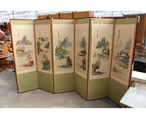 AN ORIENTAL SIX DIVISION SCREEN WITH TAPESTRY AND SILK MOUNTAIN SCENES EACH SECTION IS 60" X 18" 