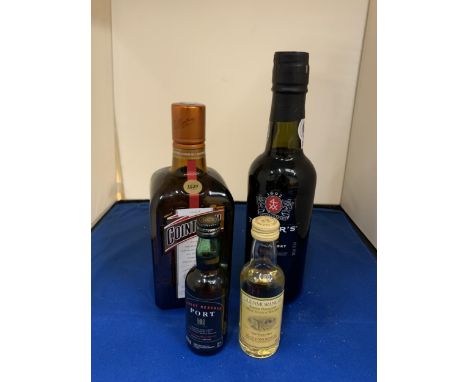 FOUR BOTTLES TO INCLUDE A HALF BOTTLE OF COINTREAU,  A HALF OF TAYLORS FIRST ESTATE RESERVE PORT AND TWO MINIATURES 