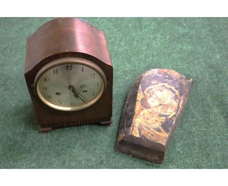 A VINTAGE MAHOGANY CASED MANTLE CLOCK WITH PENDULUM PLUS A VINTAGE PAINTING OF MARY AND JESUS ON WOOD 