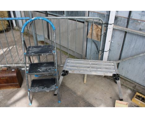 AN ALUMINIUM BUILDERS HOP UP AND A THREE RUNG MACALLISTER NON SLIP STEP LADDER 