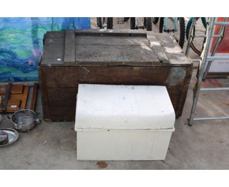 A LARGE VINTAGE WOODEN TOOL CHEST AND A FURTHER TIN TRUNK 