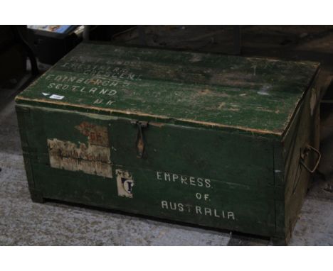 A WOODEN MILITARY TRAVEL TRUNK, 'EMPRESS OF AUSTRALIA', HEIGHT 36 CM, LENGTH 80 CM, DEPTH 44 CM 