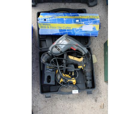 AN ASSORTMENT OF TOOLS TO INCLUDE A TILE CUTTER AND A BATTERY DRILL ETC 