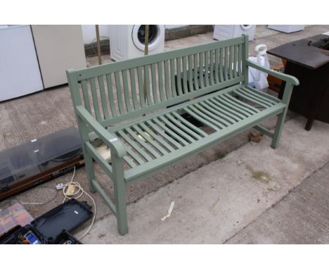 A WOODEN SLATTED GARDEN BENCH 