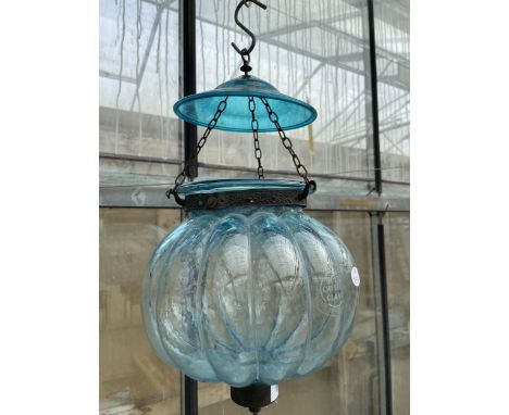 A BLUE GLASS HANGING CANDLE LANTERN MARKED 'VAL SYLAMBLRI BEST CRYSTAL GLASS MADE IN BELGIUM' 