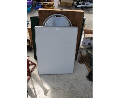 AN ASSORTMENT OF ITEMS TO INCLUDE A FOLDING TABLE, A PASTING TABLE, CARD TABLE AND COAT HOOK ETC 