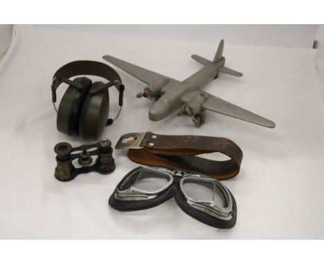 FIVE VINTAGE WAR ITEMS TO INCLUDE PILOT GOGGLES, HEADPHONES, PLANE, BELT AND BINOCULARS 