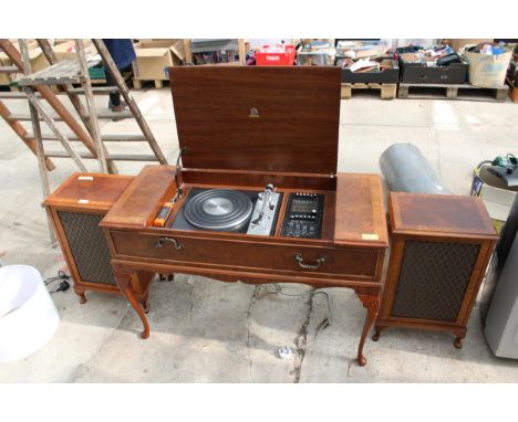 A VINTAGE MID CENTURY RADIOGRAM WITH A DRAYTON DECK AND SPEAKERS 
