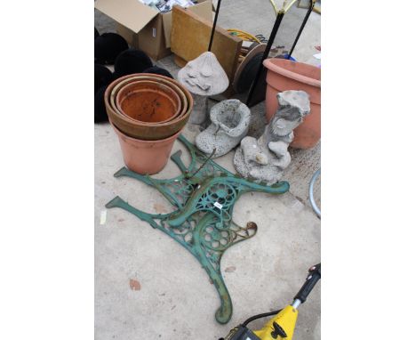AN ASSORTMENT OF GARDEN ITEMS TO INCLUDE CAST BENCH ENDS, TERRACOTTA POTS AND CONCRETE FIGURES ETC 