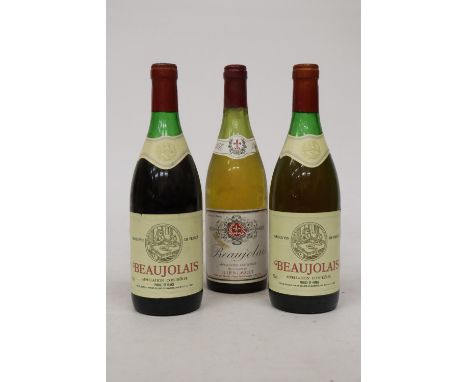 A VINTAGE BOTTLE OF 1978 BEAUJOLAIS WHITE WINE PRODUCT OF FRANCE TOGETHER WITH A WHITE BOTTLE OF BEAUJOLAIS GRAND VIN AND A B