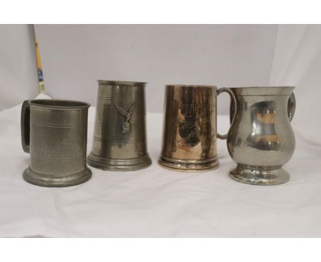FOUR VINTAGE PEWTER TANKARDS, ONE WITH RAFA EMBLEM 