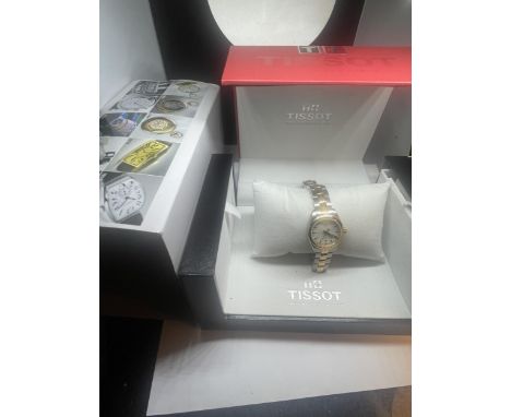 A BOXED TISSOT PR100 WRIST WATCH WITH CHROME AND YELLOW METAL STRAP WITH PEARLISED FACE 