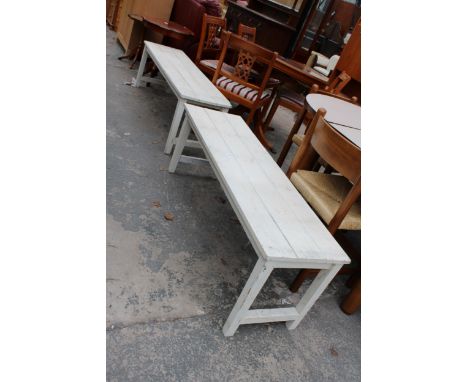A PAIR OF WHITE PAINTED BENCH/TABLES 56" X 15" AND 52" X 15" 