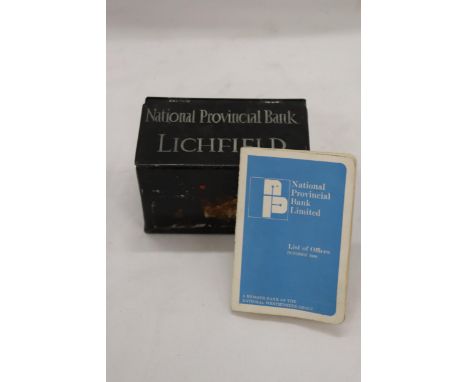 A VINTAGE HAND PAINTED LICHFIELD BANK SAVINGS TIN AND BOOK 
