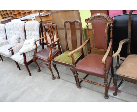 AN EARLY 20TH CENTURY OAK CARVER CHAIR, A CHIPPENDALE STYLE CARVER AND A QUEEN ANNE STYLE DINING CHAIR 