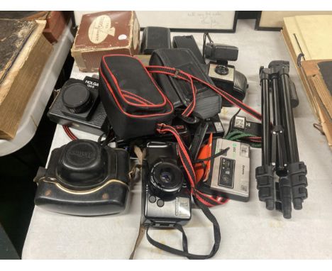 A QUANTITY OF VINTAGE CAMERAS TO INCLUDE OLYMPUS,KODAK AND DIXONS WITH A FUTHER TRIPOD AND VARIOUS FLASH ACCESSORIES 