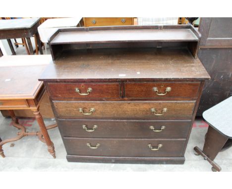 AN EARLY 20TH CENTURY OAK CHEST OF TWO SHORT AND THREE LONG GRADUATED DRAWERS WITH GALLERY SHELF BACK 42" WIDE 