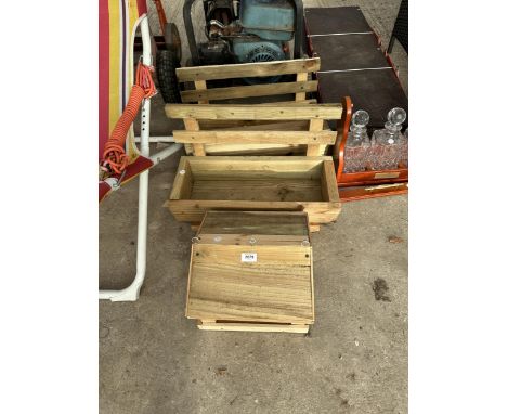 TWO WOODEN TROUGH PLANTERS AND A BIRDTABLE TOP 