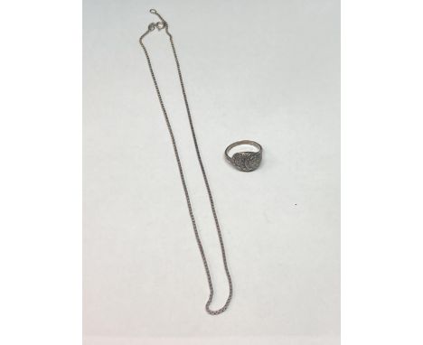 TWO SILVER ITEMS TO INCLUDE A BOX CHAIN AND A MARCASITE RING SIZE M/N 