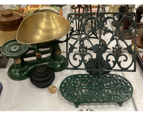 A SET OF VICTOR VINTAGE SCALES WITH WEIGHTS TOGETHER WITH A CAST MENU HOLDER AND PAN STAND 