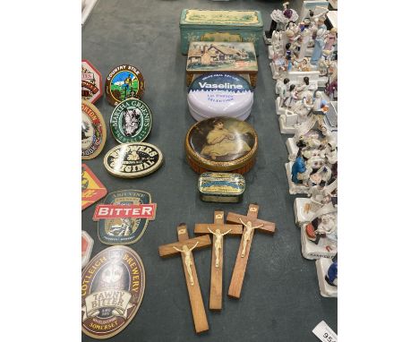 A QUANTITY OF VINTAGE TINS TOGETHER WITH RELIGIOUS WOODEN CROSSES 