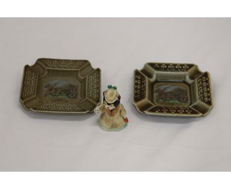 TWO VINTAGE WADE IRISH PORCELAIN ASHTRAYS/DISHES, PLUS A WADE FLUFFY THE CAT 