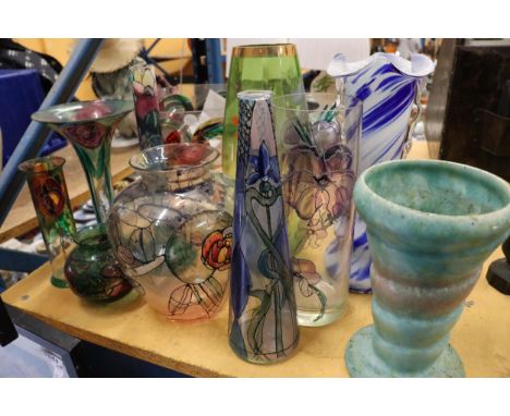 A LARGE MIXED LOT OF PAINTED ON GLASS VASES PLUS ONE DELCROFT WARE CERAMIC VASE 