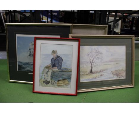 THREE FRAMED WATERCOLOURS TO INCLUDE A MAN MENDING FISHING NETS, A SEASCAPE, RIVER SCENE PLUS A PRINT OF SAILING BOATS - 4 IN