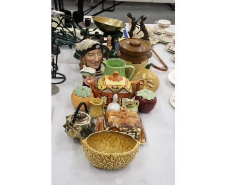 A QUANTITY OF CERAMIC ITEMS TO INCLUDE A ROYAL DOULTON 'ARAMIS' TOBY JUG, SYLVAC BOWL, PRESERVE POTS, COTTAGE THEMED TEAPOT A