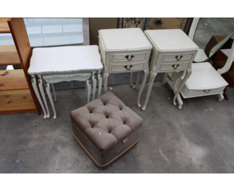 A PAIR OF CREAM AND GILT BEDSIDE TABLES, NEST OF TWO TABLES AND A POUFFE 