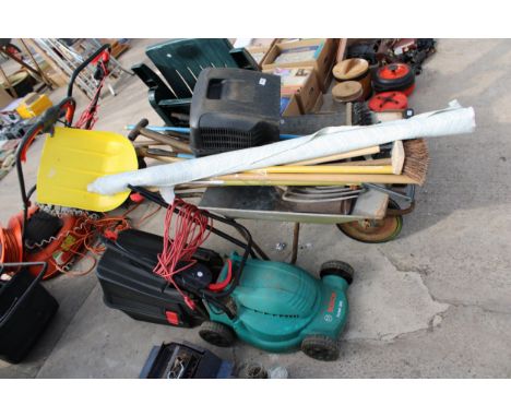 AN ASSORTMENT OF GARDEN TOOLS TO INCLUDE AN ELECTRIC BOSCH ROTAK 320 LAWN MOWER, A WHEEL BARROW AND BRUSHES ETC 