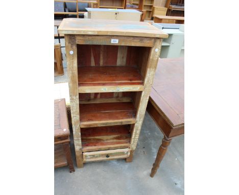 A MODERN HARDWOOD THREE TIER OPEN DISPLAY SHELF UNIT WITH DRAWER TO BASE 