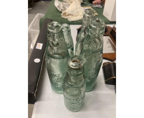 FIVE VINTAGE GLASS COD BOTTLES WITH MARBLE STOPPERS 