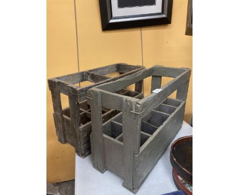 TWO VINTAGE FRENCH WOODEN BOTTLE CARRIERS FOR TEN BOTTLES 