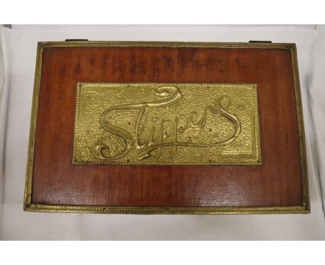 A WOOD AND BRASS VINTAGE SLIPPERS BOX 
