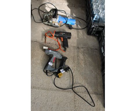 THREE POWER TOOLS TO INCLUDE A RAPESCO NAIL GUN AND A DRAPER BISCUIT JOINTER ETC 