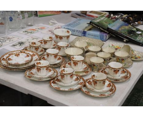 TWO PART VINTAGE TEASETS TO INCLUDE ENGLISH BELL CHINA AND PALISSY, CUPS, SAUCERS, PLATES, CREAM JUG, SUGAR BOWLS, ETC 