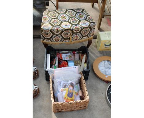 AN ASSORTMENT OF ITEMS TO INCLUDE A TAPESTRY TOP STOOL, CANDLES AND SEWING THREAD ETC 