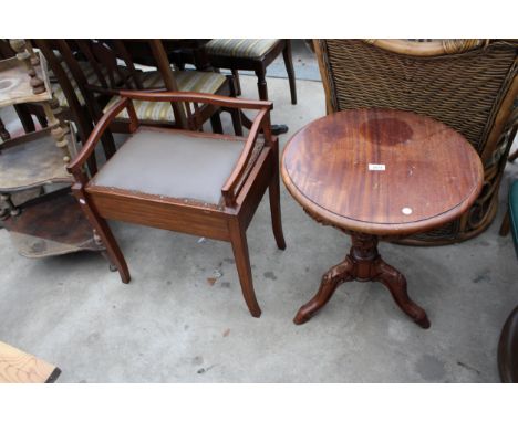 A VICTORIAN STYLE HARDWOOD TRIPOD WINE TABLE AND A MAHOGANY PIANO STOOL WITH LIFT UP SEAT 